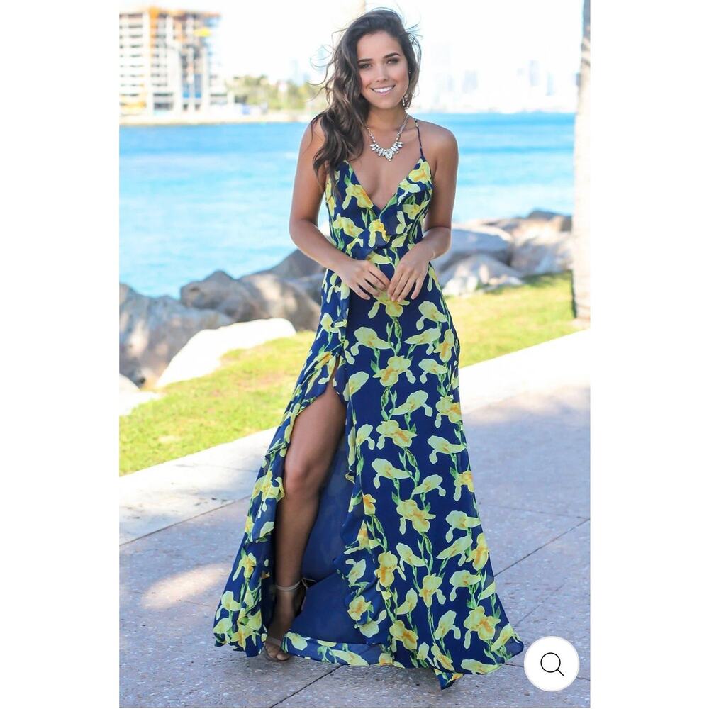 NAVY AND YELLOW FLORAL MAXI DRESS WITH LACE UP BACK